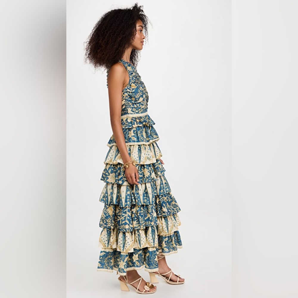 Ulla Johnson Blue and Cream Tiered Ruffled Maxi Dress - Picture 4 of 16